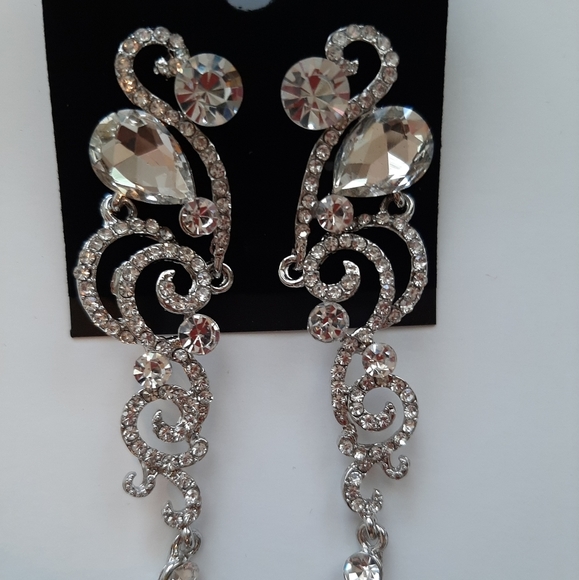 Silver Crystal Teardrop Rhinestone Dangle Earrings Wedding Bridal Prom Jewelry - Picture 5 of 6